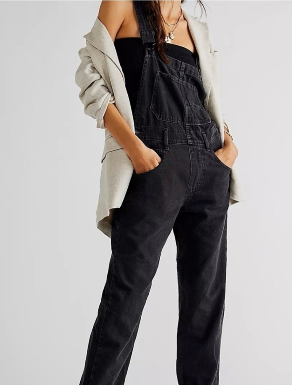 Free People Black Denim Overalls Skinny Leg Raw Hem Size 27R